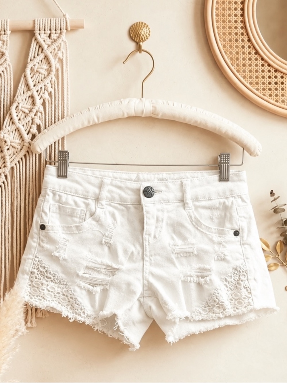Vanilla Star Embroidered White Jean Shorts